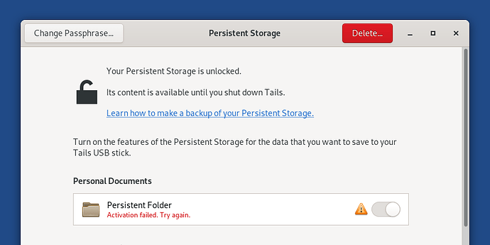 Persistent Storage settings with error message: Persistent Folder. Activation failed. Try again.