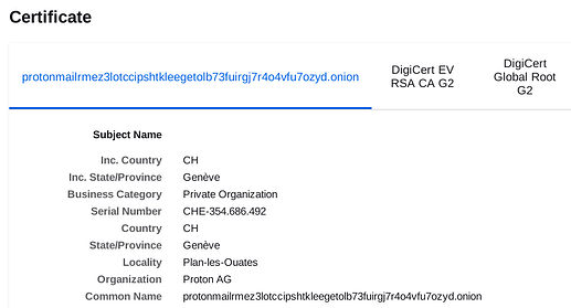 Proton AG's hidden service https certificate, showing this certificate belongs to Organization "Proton AG"
