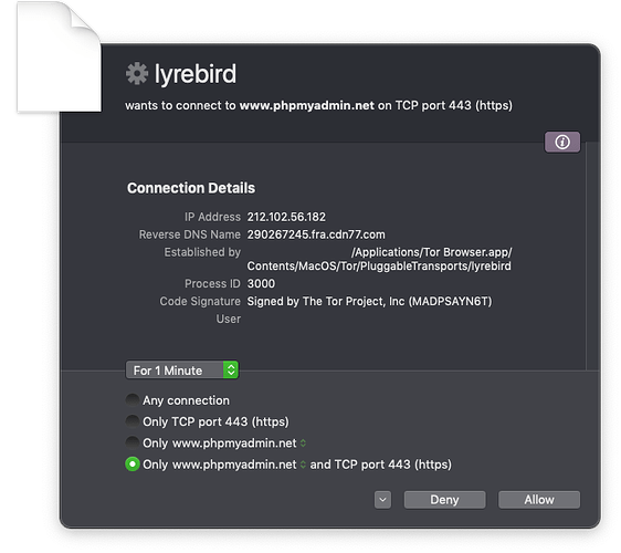 2024-06-27   132643   Tor Browser   lyrebird binary connecting to www.phpmyadmin.net.nopii