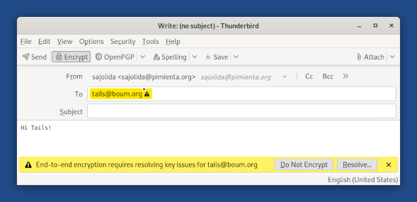 Thunderbird composer window with encryption turned on and notification about a missing key and how to resolve the issue.