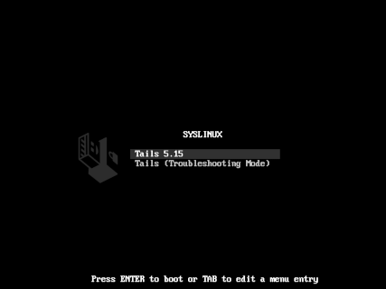 SYSLINUX Boot Loader displaying 'Tails 5.15.1'