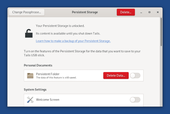 Persistent Storage settings with message: Persistent Folder. The data of this feature is still saved. Delete Data?